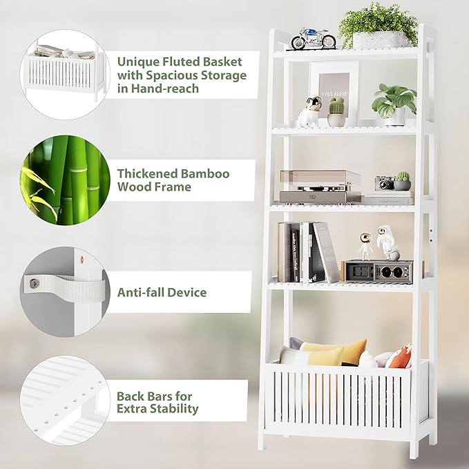 Bamjoy Bamboo White Bookshelf with Slatted Basket, Ladder Bookcase with 4 Display Shelves and 1 Open Storage Basket, Multifunctional Storage Rack Organizer for Home Office, Bedroom, Living Room, 66” H