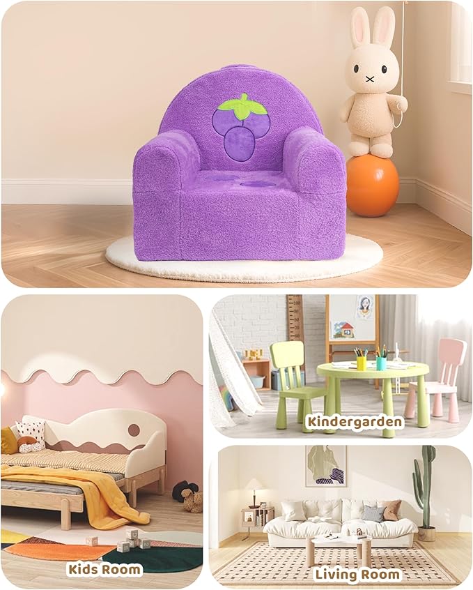 Toddler Chair, Comfy Foam Kids Couch with Soft Velvet Cover, Toddler Couch with Cute Grape Design for Gaming and Studying, Kids Sofa for Boys and Girls