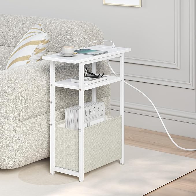 Narrow Side Table with Charging Station Set of 2, Small End Table for Small Spaces, Skinny Nightstands Set 2 with Storage Basket, 3 Tier Sofa Bedside Tables for Living Room,Bedroom, White