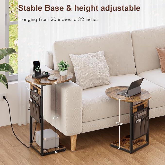 Vagusicc C Shaped End Table with Charging Station, Adjustable Height Side Table for Couch, 32" Tall End Table Small Couch Side Table, Slide Under Sofa TV Tray Snack Arm Tables for Living Room, Brown