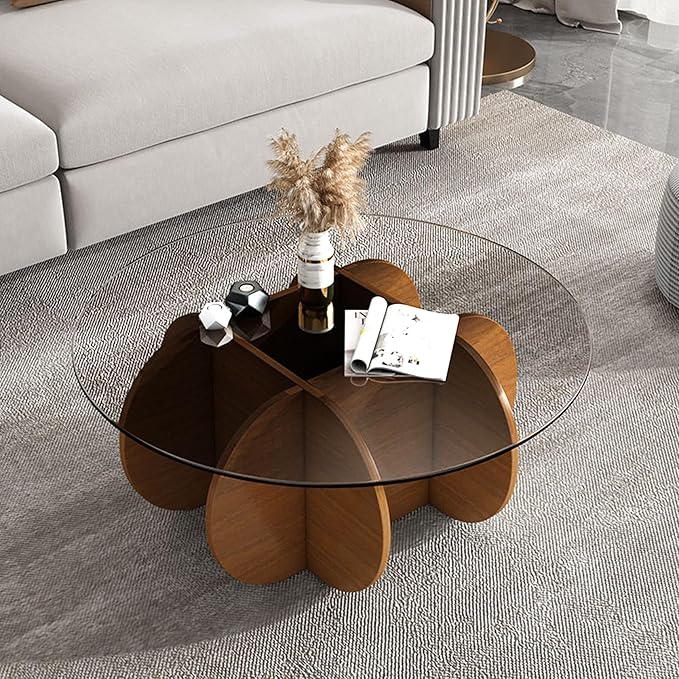 Glass Coffee Tables for Living Room Modern Elegant Round Coffee Table Mid Century Farmhouse Center Table with Solid Wood Frame and Tempered Glass Tabletop, Easy Assembly,31.5''