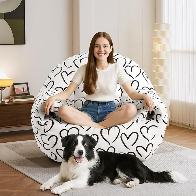 DAICO Bean Bag Chairs for Adults, Comfy Bean Bag Sofa Chair with Handle, Single Lazy Floor Sofas Accent Chair with Foam Bean Bag Couch for Living Room Bedroom Reading Gaming, White Cordate
