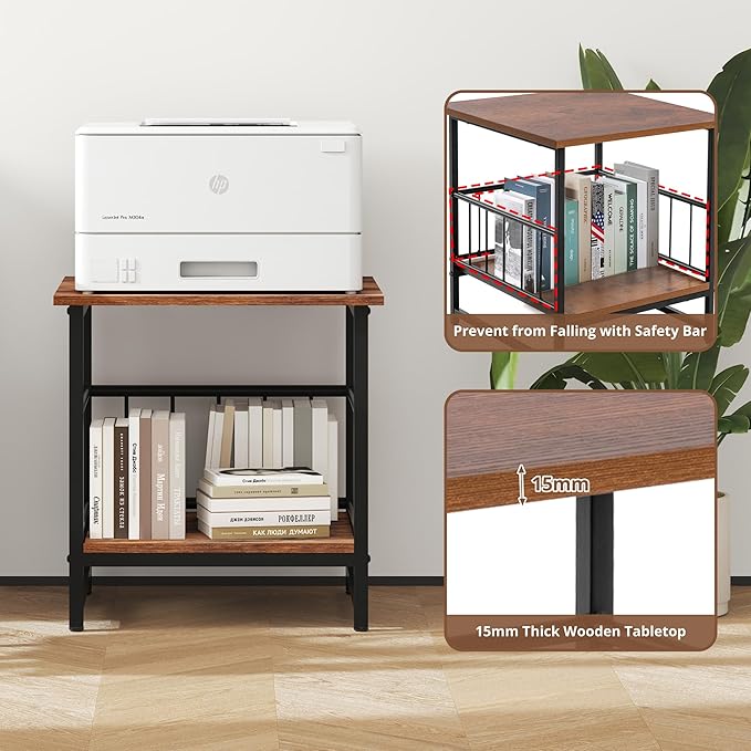 Industrial Night Stand, 18” Square Side Table with Open Storage Shelf, Bedside End Table for Bedroom, Heavy Duty Stand for Mini Fridge for Dorm, Kitchen Room, Rustic Brown