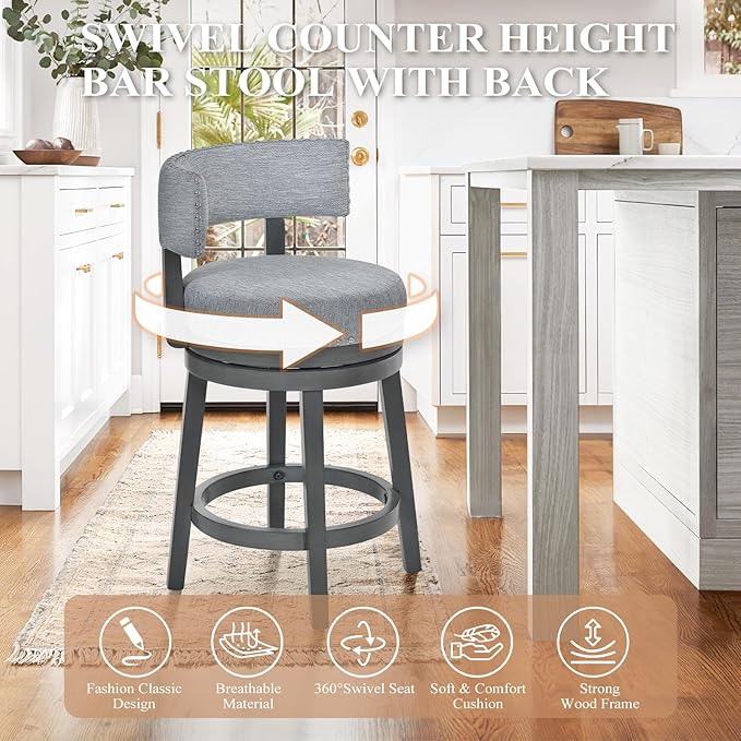 COLAMY Swivel Counter Height Bar Stools Set of 1, 25 Inch Modern Upholstered Kitchen Island Barstools with Back, Wood Swivel Bar Chairs for Counter Bar Dining Room, Grey