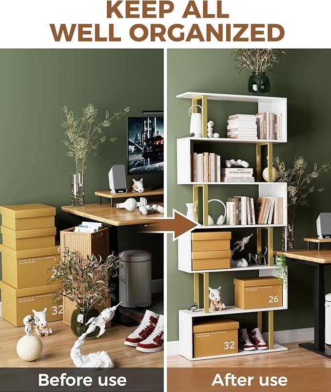 Gadroad 6-Tier Geometric Bookcase,S Shaped Bookshelf, Wood Decorative Storage Shelving, Modern Freestanding Display Shelves, Tall Book Shelf Unit for Living Room Bedroom