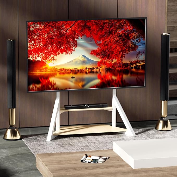 unho White TV Floor Stand with Wheels Shelves for 65 to 100 inch Large LCD/LED Flat Curved Screen up to 220lbs, Adjustable Heights TV Mount Stands VESA 800x600mm, Rolling TV Stand for Bedroom Office