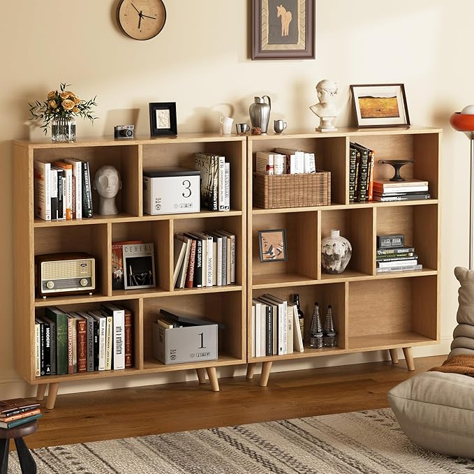 Shintenchi Cube Storage Organizer, 3 Tier Mid-Century Bookcase with Legs Cubeicals Retro Wood Organizer Storage Bookcase, Freestanding Open Book Shelves for Bedroom,Living Room,Office(Natural)