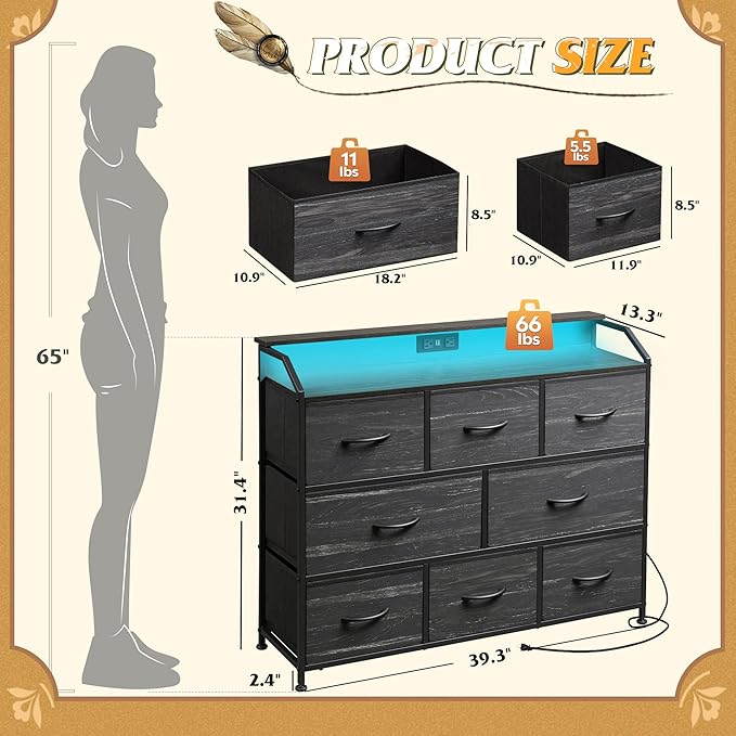 WLIVE Led Dresser for Bedroom, TV Stand for Bedroom with LED Lights and Power Outlet, Wide Chest of Drawers for Hallway, 8 Fabric Drawers for Living Room and Entryway, Charcoal Black Wood Grain Print