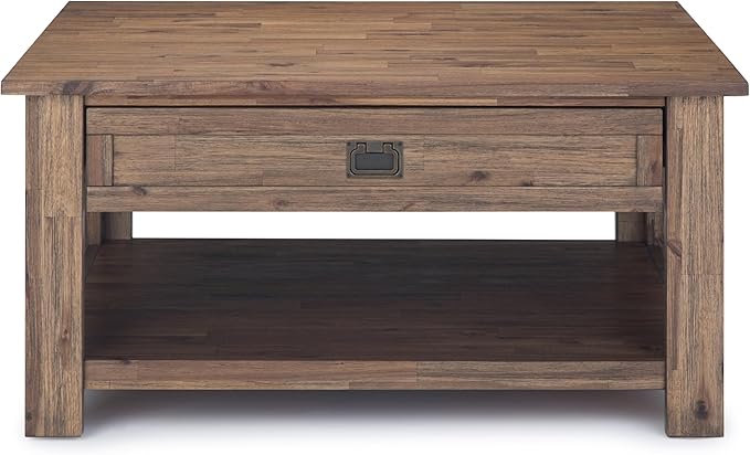 SIMPLIHOME Monroe Square Coffee Table - 38 inch Wide Solid Acacia Wood Living Room Table in Rustic Natural Aged Brown, Rustic Cocktail Table for Family Room or Lounge with 2 Drawers and Open Shelf