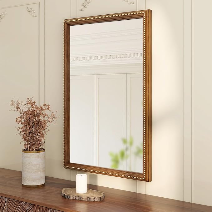 Axeman 24x36 Wood Wall Mirror, Rustic Bathroom Mirror, Vintage Wall Mounted Mirror Tempered Glass with Beaded Wooden Frame for Farmhouse Living Room Vanity Bedroom Entryway, Bronze