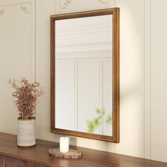 Axeman 24x36 Wood Wall Mirror, Rustic Bathroom Mirror, Vintage Wall Mounted Mirror Tempered Glass with Beaded Wooden Frame for Farmhouse Living Room Vanity Bedroom Entryway, Bronze