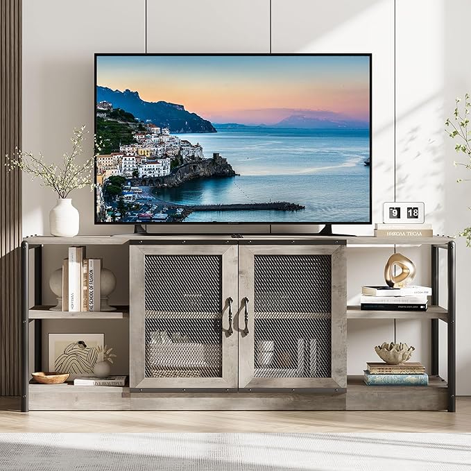 GarveeHome Farmhouse TV Stand for 65/75 Inch TVs, Entertainment Center with Storage Cabinet, 63'' Rustic TV Media Console Table, Furniture for Living Room, Grey