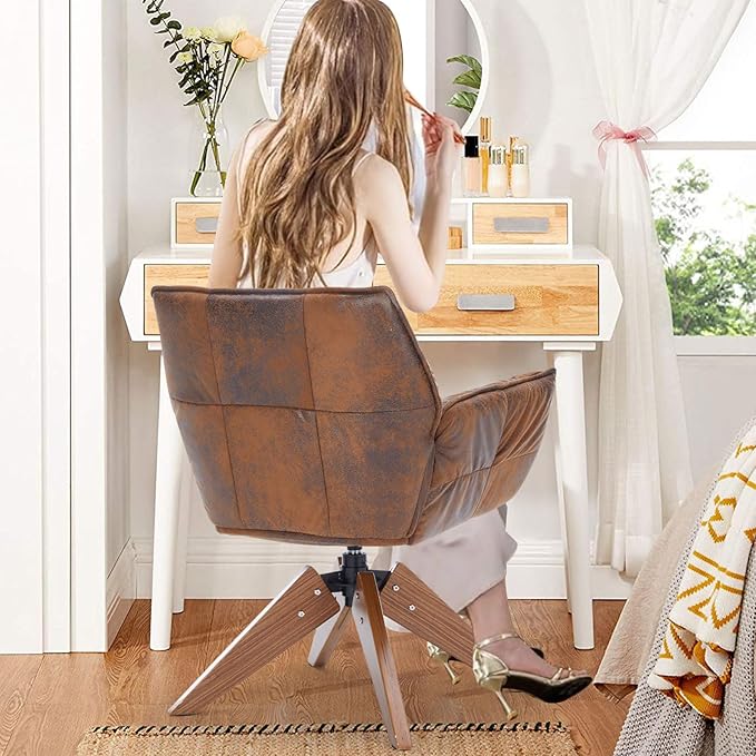 Mid Century Accent Chair, Hot Stamping Cloth Desk Chair no Wheel, Modern Cozy Vanity Chair Advanced & Wear-Resistant with Amrest, Wood Legs for Living Room, Reading Room, Bedroom, Brown