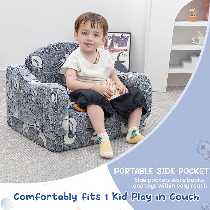 Comfy Toddler Couch and Chair for Kids with Blanket, 2-in-1 Soft Plush Fold Out Kids Sofa Chairs for Girls and Boys, Convertible Sofa to Lounger for Playroom, Glowing Starry Sky