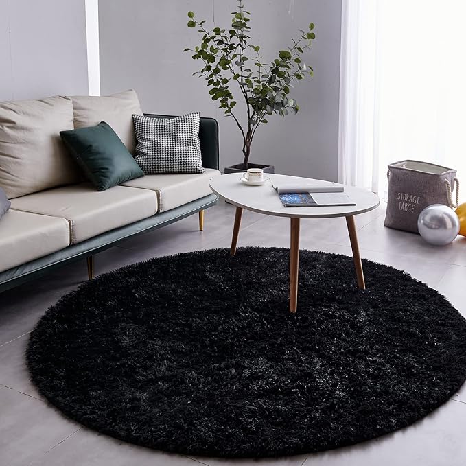 FJZFING Black Round Rug Ultra-Soft Plush Modern 6x6 Circle Area Rug for Kid's Bedroom, Fluffy Shag Circular Rug for Nursery Room, Non-Slip Home Decor Cute Black Carpet for Teen's Room