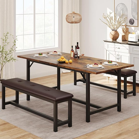 3-Piece Dining Table Set for 4-6 People, Extendable Kitchen Table Set with 2 Upholstered Benches, Dining Room Table Set for Apartment, Kitchen, Living Room, Brown