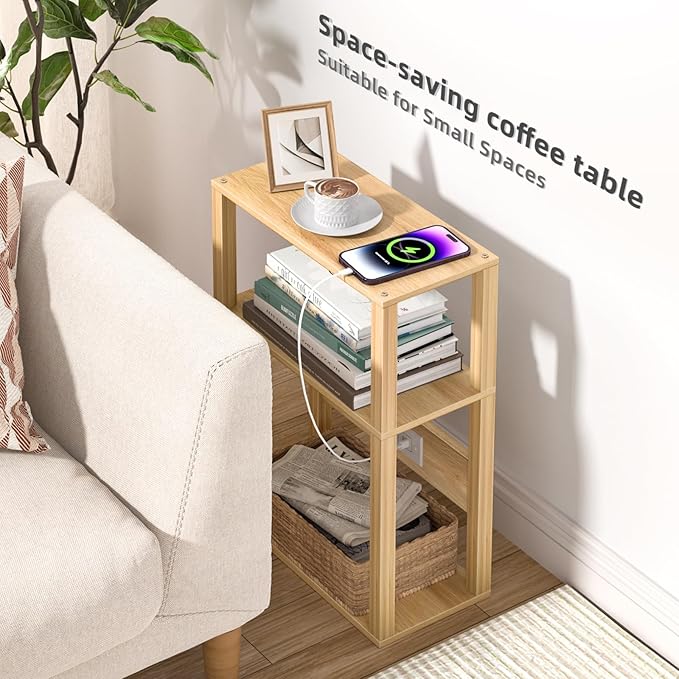 3-Tier Small Narrow Bamboo Side Table with Charging Station, Skinny Nightstand for Small Space, Slim Bedside Table with Storage for Couch, Wooden Thin End Table with USB Ports and Outlets, Natural