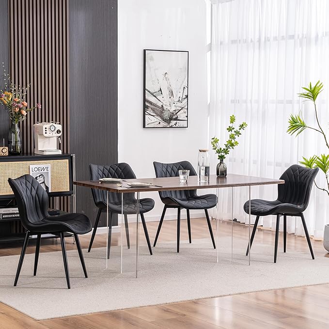 YOUNIKE Dining Chairs Set of 2, Upholstered Faux Leather Kitchen & Dining Room Chairs, Modern Living Room Bedroom Side Chairs with Wide Wing Back and Adjustable Metal Legs, Black