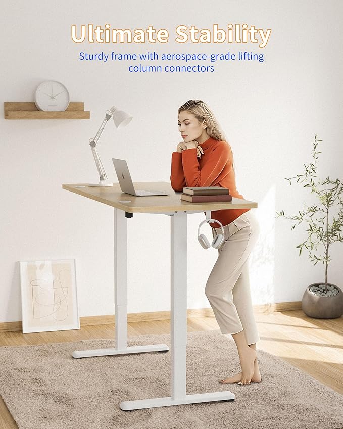 YIHAYO Electric Standing Desk, 55 x 24 Inches Stand Up Desk with Splice Board, Adjustable Height Desk, Computer Desk for Home Office, White Frame/Natural Top