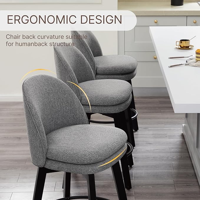 Counter Height Barstools 26 inch Upholstered Swivel Bar Stools with Back and Wood Legs for Kitchen Island,Set of 2,Dark Grey Fabric-Armless