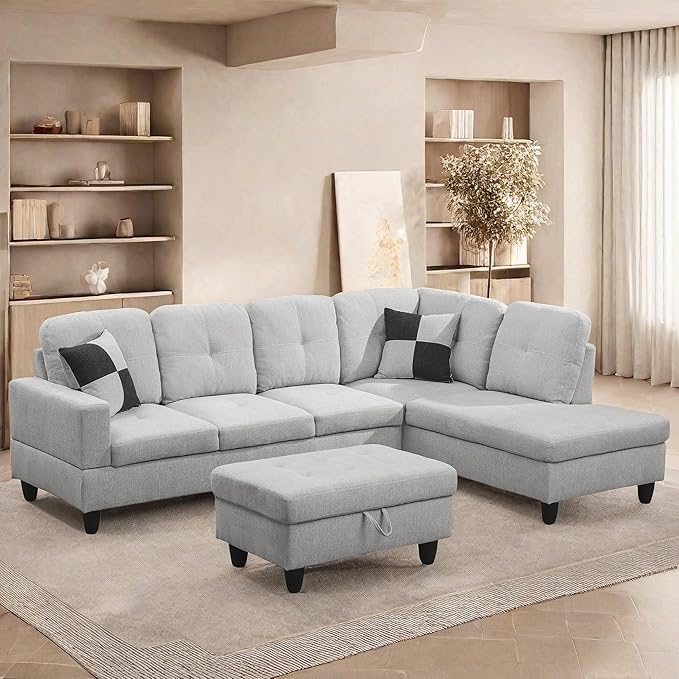 L Shaped Sectional Couches, Lounge Modular Sectional Sofa with Ottoman Storage, Modern Comfy L Shaped Couch for Living Room Furniture Sets, Bedroom, Gray