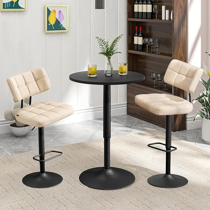Furniliving Modern Bar Stools Set of 2 Faux Leather, Upholstered Swivel Barstools with Back, Adjustable Bar Chairs Counter Height for Kitchen Island, Dining Space, Beige