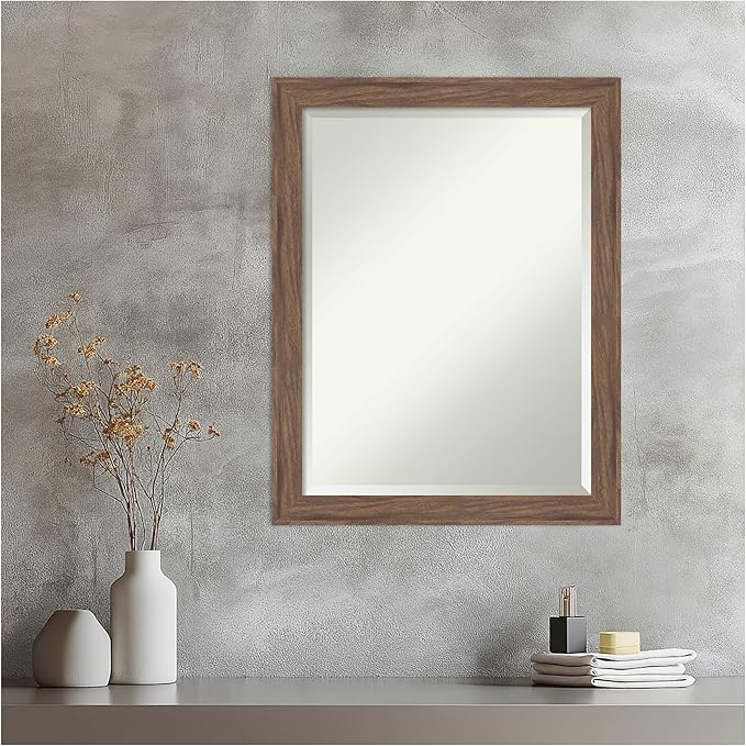 Amanti Art Brown Wall Mirror 27x21 Pia Medium Brown Narrow Rectangle Bathroom Mirror for Wall Decor Living Room, Medium Casual Frame, Hangs Horizonally and Vertically, Bathroom Decor, Beveled Edge