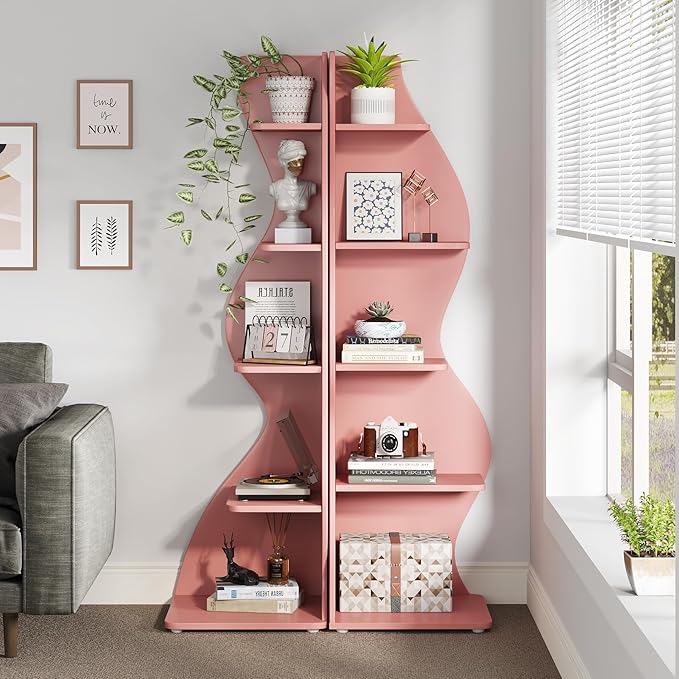 Tribesigns Corner Shelf, Modern 5-Tier Wall Corner Bookshelf, Stylish Corner Small Bookcase Storage Rack Plant Stand with Unique Shape for Living Room, Home Office (Pink, 2PCS)