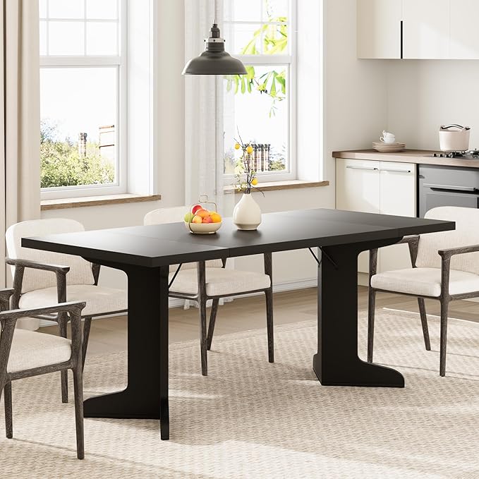 71" Dining Table for 6 to 8 People, Modern Dinner Table with Unique Wooden Legs, Rectangle Dining Table for Kitchen, Dining Room & Living Room, Black