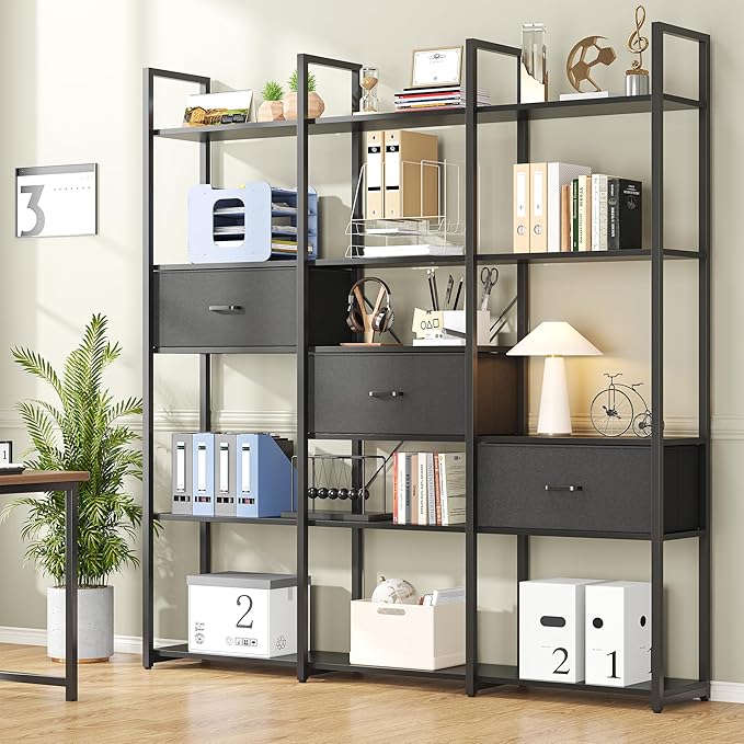 73.6" Tall Bookshelf with 3 Drawers and 16 Storage Shelves, Industrial Bookcase with 16 Open Display Shelves, Large Etagere Bookshelf, Triple Wide Book Shelf Book Case for Home & Office, Black