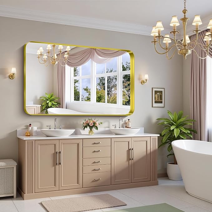 FORBATH 60x36 Inch Large Bathroom Mirror for Double Sinks, Brushed Gold Deep Frame Wall Mirror with Rounded Corners, Anti-Rust Tempered Glass for Modern Farmhouse Vanity (Horizontal/Vertical)