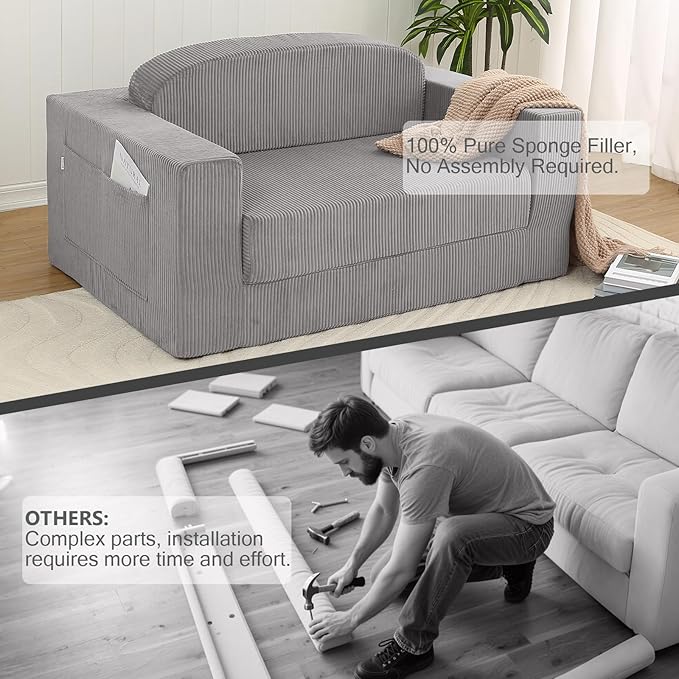 MeMoreCool Convertible Sofa Bed, Pull Out Loveseat Sleeper Sofa, Small Boneless Cloud Couch Bed for Adults, Fold Out Foam Love Seat Grey, Corduroy Folding Floor Couch for Bedroom