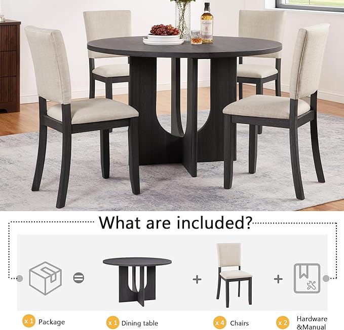 Ball & Cast 5 Piece Dining Table Set with 4 Upholstered Chairs,Wooden Living Room Furniture W/ 47.3" Round Kitchen Desk & Backrest Chair,for Small Space,Dining Room,Antique Black & Beige