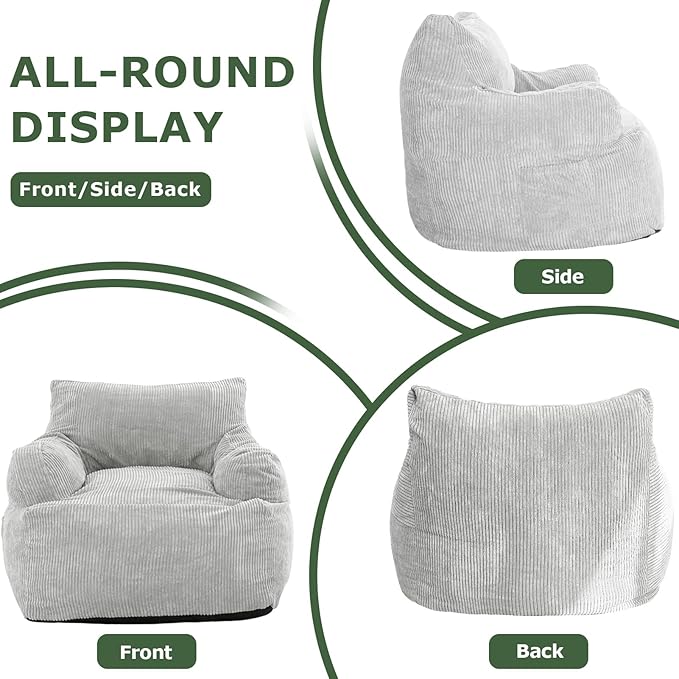 HIGOGOGO Giant Bean Bag Chair Sofa, Big Comfy Chair for Bedroom Living Room, Large Bean Bag Lazy Chair for Adults with Pocket Armrests for Gaming, Reading, Grey