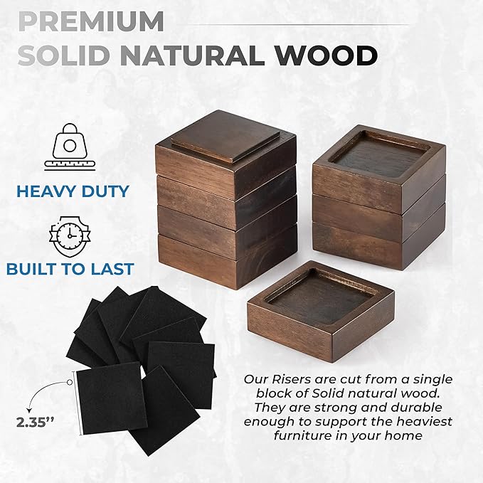 FASONLA Bed Risers, Furniture Risers (Set of 8) Lifts Height 1", 2", 3" or 4", Solid Natural Wood Risers, Non-Slip Recessed Hole to Heavy Bed/Furniture (Walnut Color)