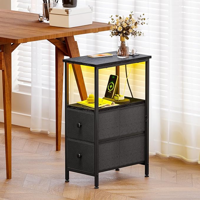 Fixwal Narrow Side Table with Charging Station and LED Light, Skinny Nightstand with 2 Fabric Drawers, Slim End Table for Bedroom, Dorm, Small Space, Black