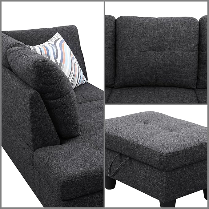 L Shaped Sectional Couches, Modern Modular Sectional Sofa for Living Room Bedroom Furniture, Comfy 4 Seat Couch with Ottoman Storage & Chaise, Black Gray