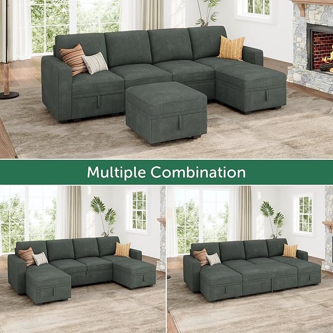 HONBAY Modular Sectional Sleeper Sofa Bed, Corduroy Pull Out Couch with Storage Ottoman, U Shaped Sectional Couches for Living Room, Green