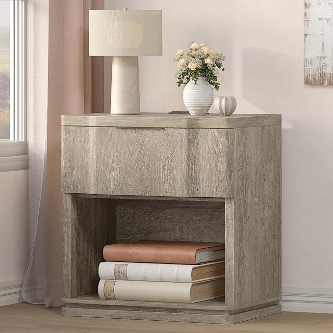 Night Stand with Charging Station, Wooden Mid Century Modern Nightstand with Drawer, Bed Side Table with Storage, Large Rustic Farmhouse End Tables for Bedroom Living Room Office