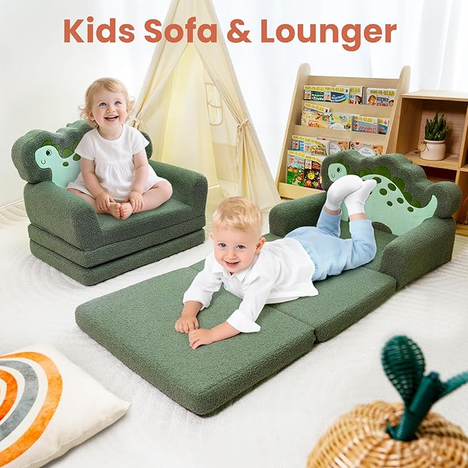 TinyPalsa Kids Couch, Convertible Sofa to Lounger Fold Out, Green Dinosaur Design Chair for Toddlers 1-3, Gift for Movie Night, Camping, and Napping