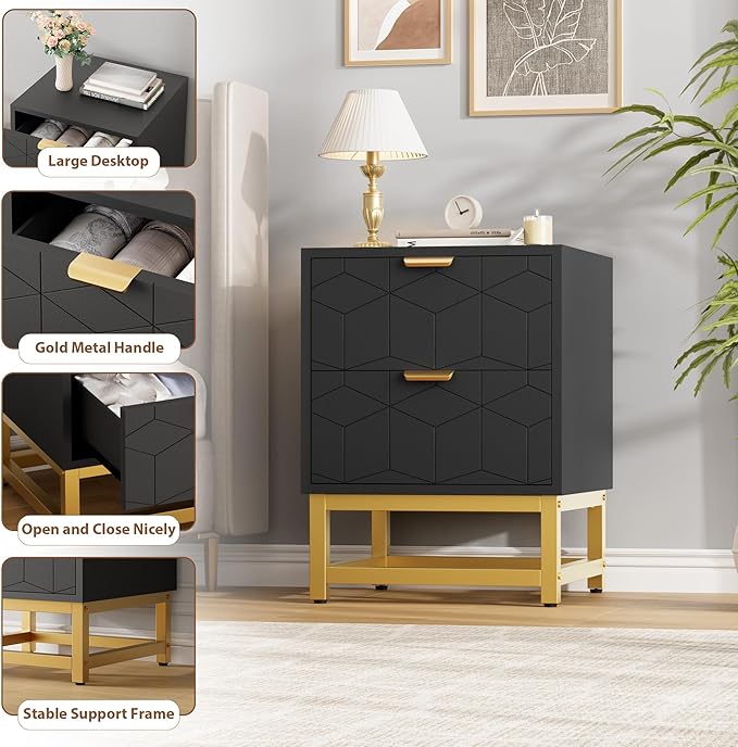 GAOMON Black 2 Drawer Dresser, Small Dresser＆Chest of Drawers, Modern Nightstand for Bedroom, End Table with Drawer for Living Room, Hallway, Entryway