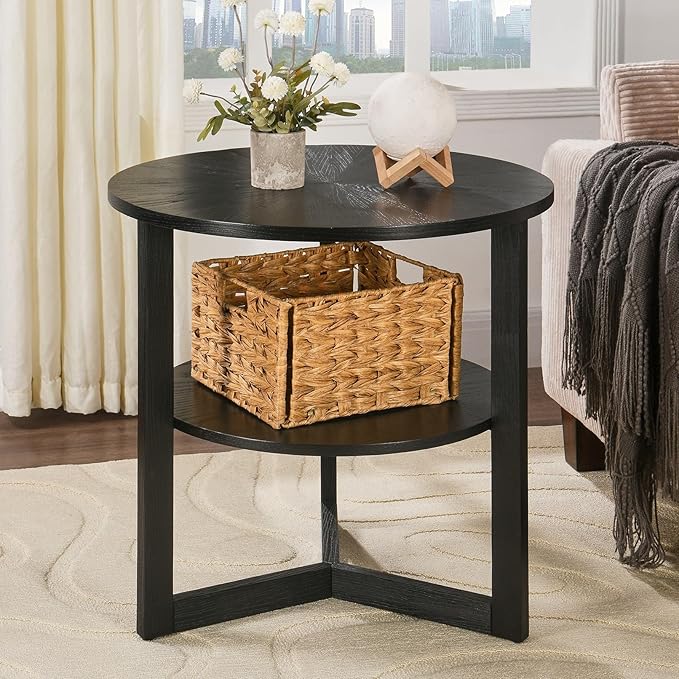 Large Round End Table with Storage Shelf, Rustic Beside Tables with Umbrella Top,Traditional Circular Sofa Side Table, 25.2”D Telephone Table for Living Room Easy Assembly Brushed Black CJZ3338BK