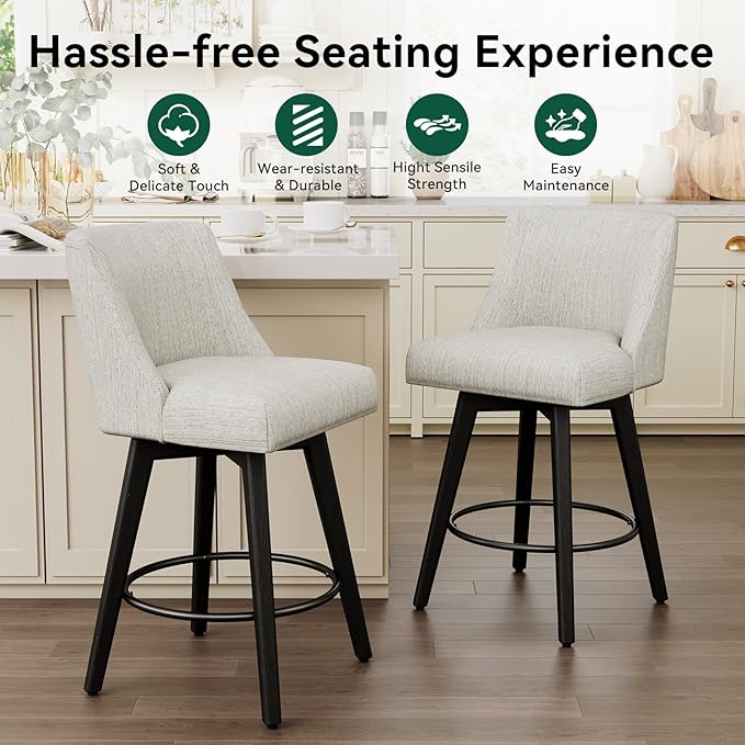 Vipbear Swivel Counter Height Bar Stools Set of 3,26.8" H Counter Stools with Back, Mid Century Modern Bar Stools for Kitchen Island,Linen Fabric,Wooden Base, White