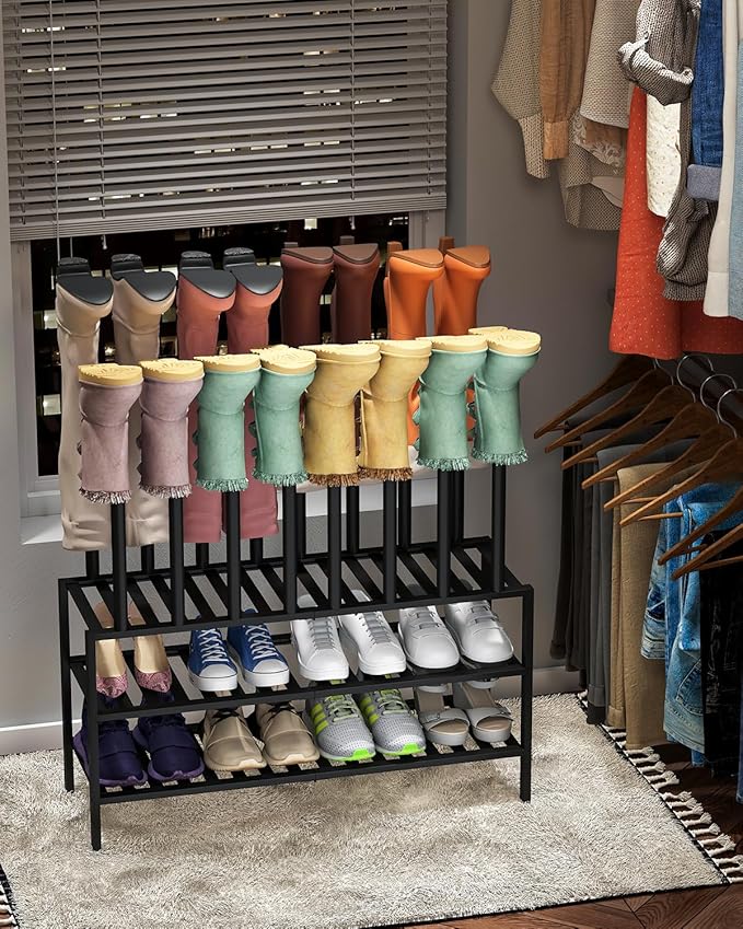 Black Boot Rack, Long Boot Rack Organizer Tall Boots with Shoe Rack for Closet, Bamboo Wood Shoe Shelf Storage Organizer for Entryway Small Space