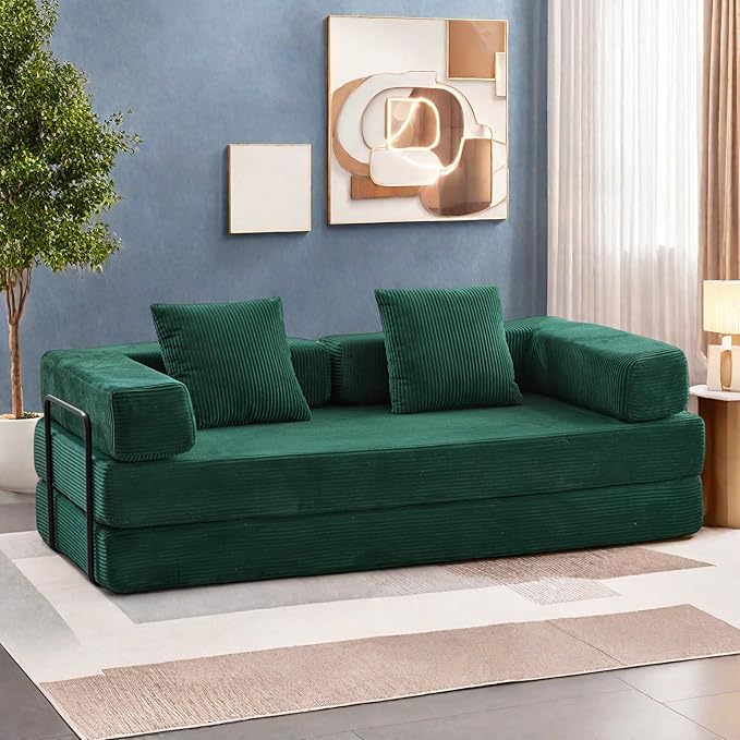 Convertible Sofa Bed, Compression Futon Sofa with Pillows & Armrest, Foldable Mattress Couch with Fixed-Shape Frame, Comfy Couch Lounge Sleeper Bed for Living Room Bedroom, Green