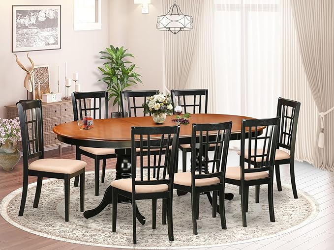 East West Furniture PLNI9-BCH-C 9 Piece Modern Dining Table Set Includes an Oval Wooden Table with Butterfly Leaf and 8 Linen Fabric Kitchen Dining Chairs, 42x78 Inch, Black & Cherry