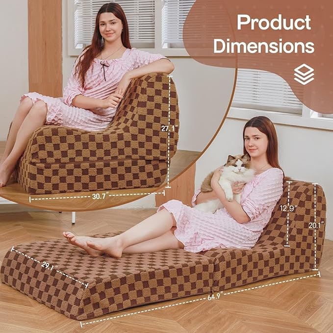 Bean Bag Chair for Adults, Folding Sofa Bed, Convertible Sleeper Lounge Chair, Full Foam Filling Comfy Floor Sofa, Folding Chair Bed for Living Room、Bedroom and Office (Brown)