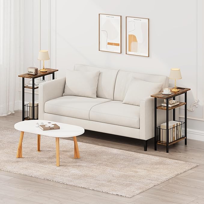 Vagusicc Narrow Side Table, 3-Tier Skinny End Table for Couch Sofa, Small Side Tables for Small Spaces, Bed Side Table with Storage, 25.2" Tall Slim Nightstand for Living Room, Bedroom, Rustic Brown