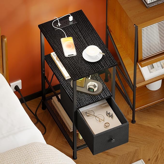 Fixwal Narrow Side Table with Charging Station and LED Light, Skinny Nightstand with 1 Fabric Drawer, Slim End Table for Bedroom, Dorm, Small Space, Black