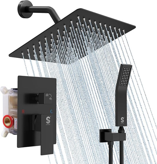SR SUN RISE Shower Faucet - 8 Inch Shower System with Rain Shower Head and Handheld Spray - Shower Faucet Trim Repair Kits with Diverter Valve - All Metal Shower Set - Matte Black